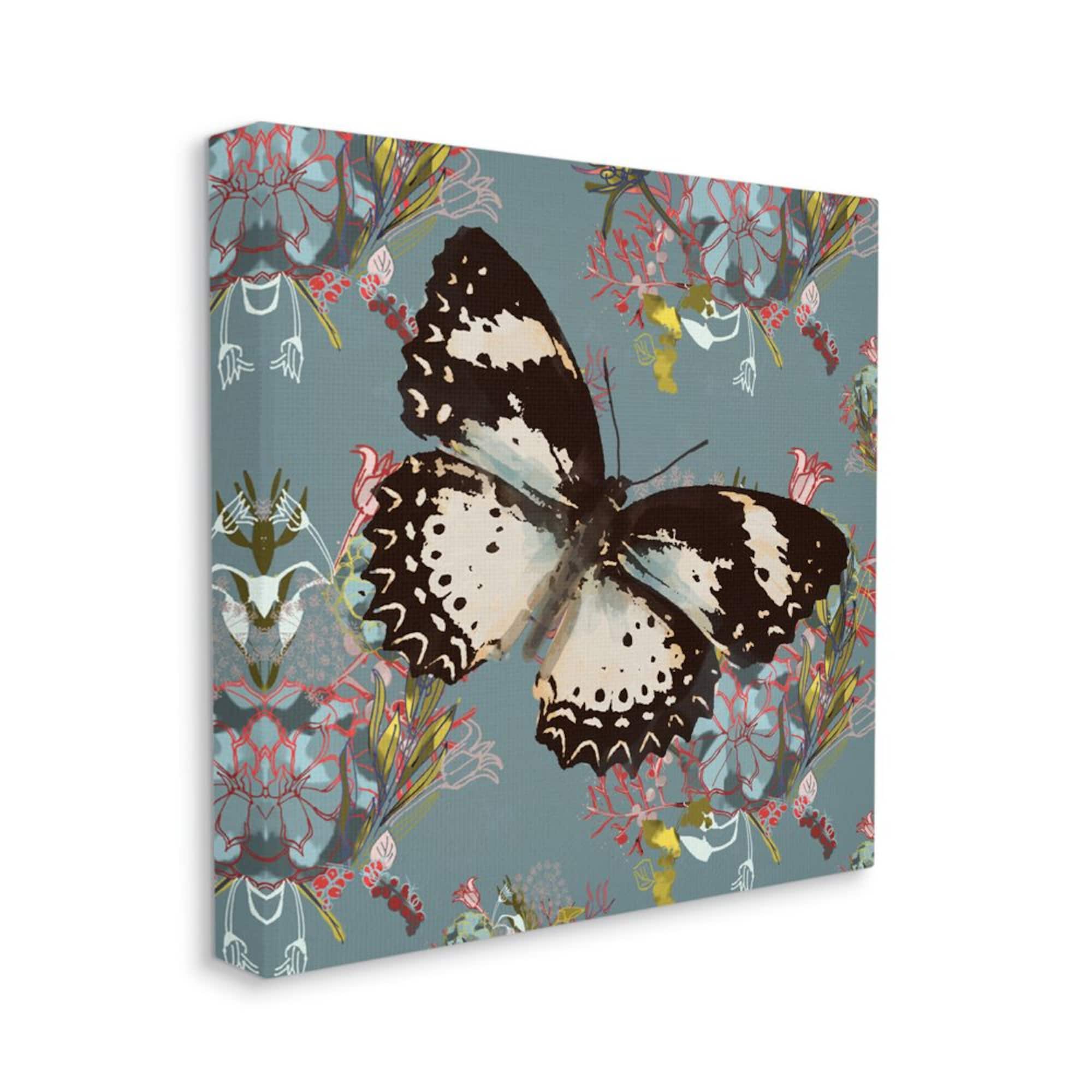 Stupell Industries Butterfly On Blue Pink Pattern Abstract Design Canvas Wall Art